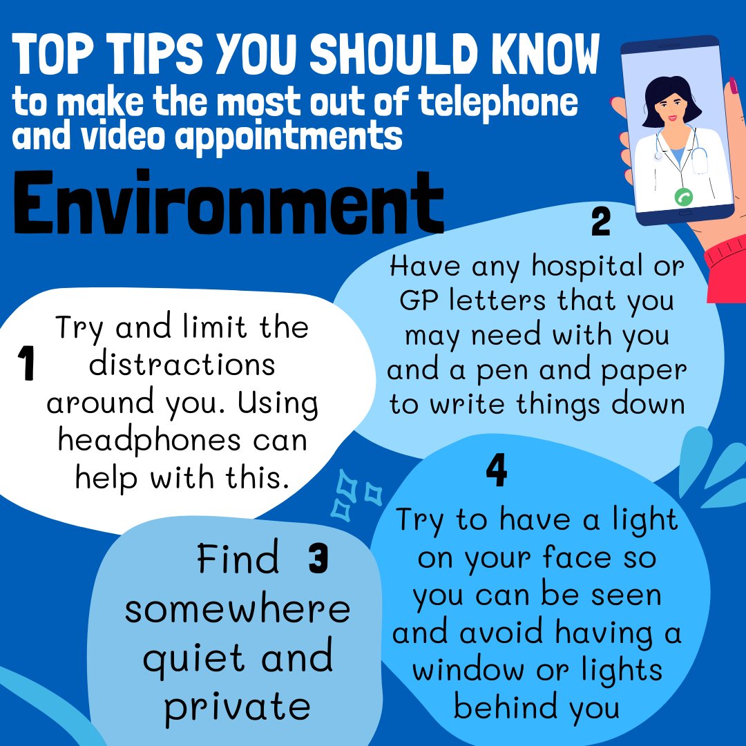 Top tips you should know to make the most our of telephone and video GP appointments. Environment. - quiet, private, have info and pen and paper to hand, have light to your face and try not to have a wondow behind you.
