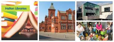 Halton libraries buildings, books and activity group photos.
